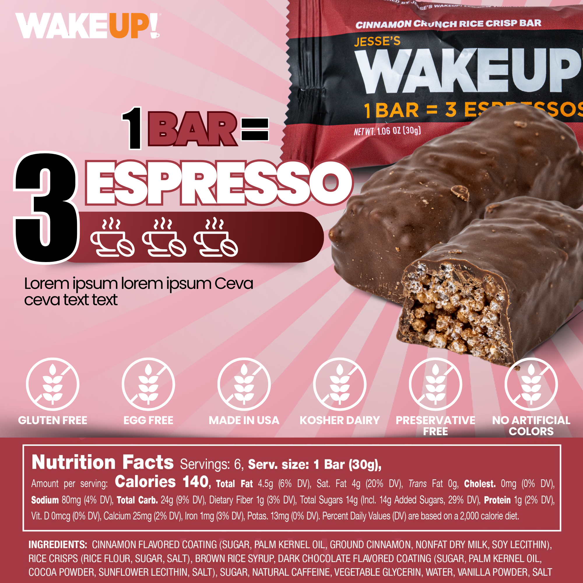 WakeUP! Caffeinated Cinnamon Crunch Protein Bars - 6 Pack
