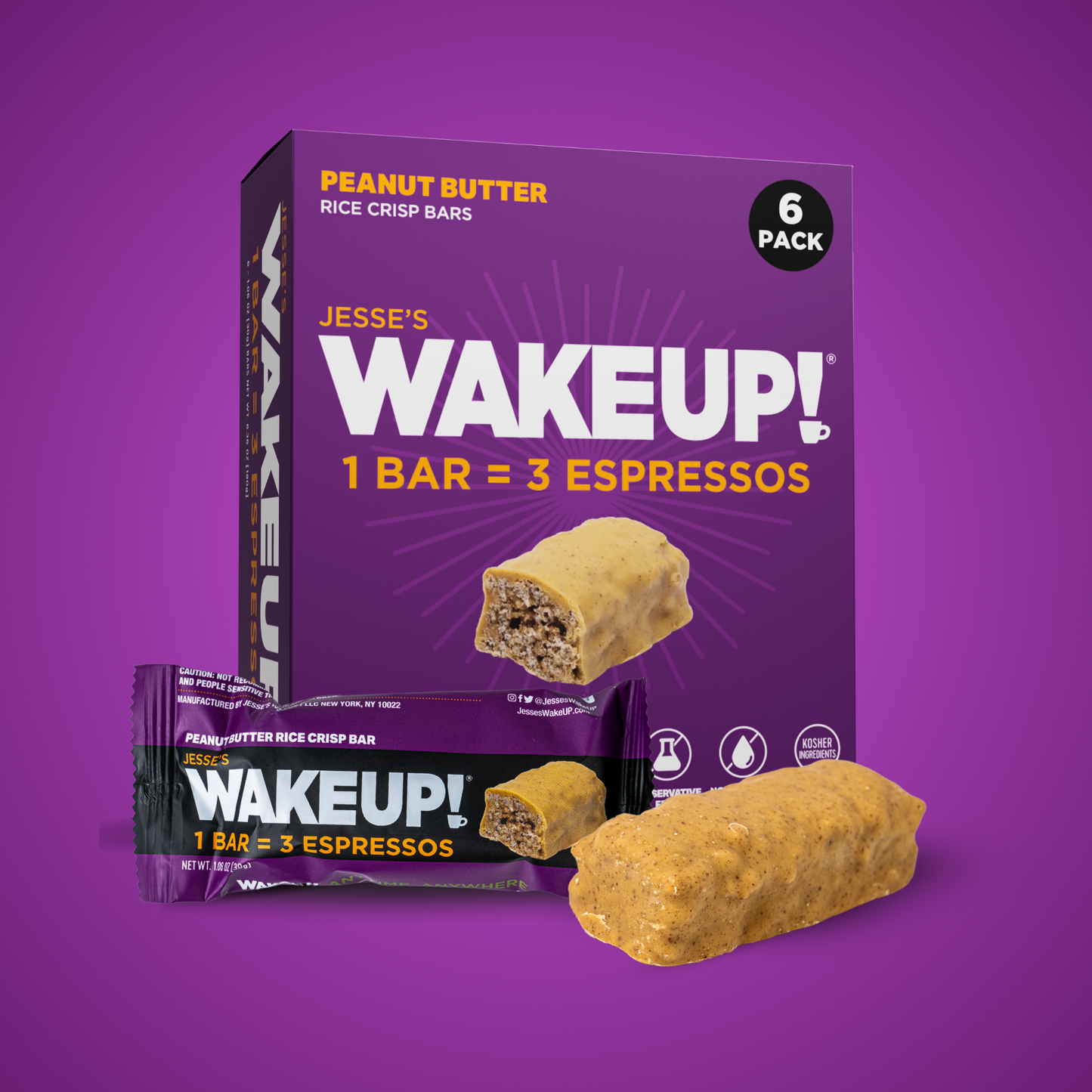 WakeUP! Caffeinated Peanut Butter Protein Bars - 6 Pack