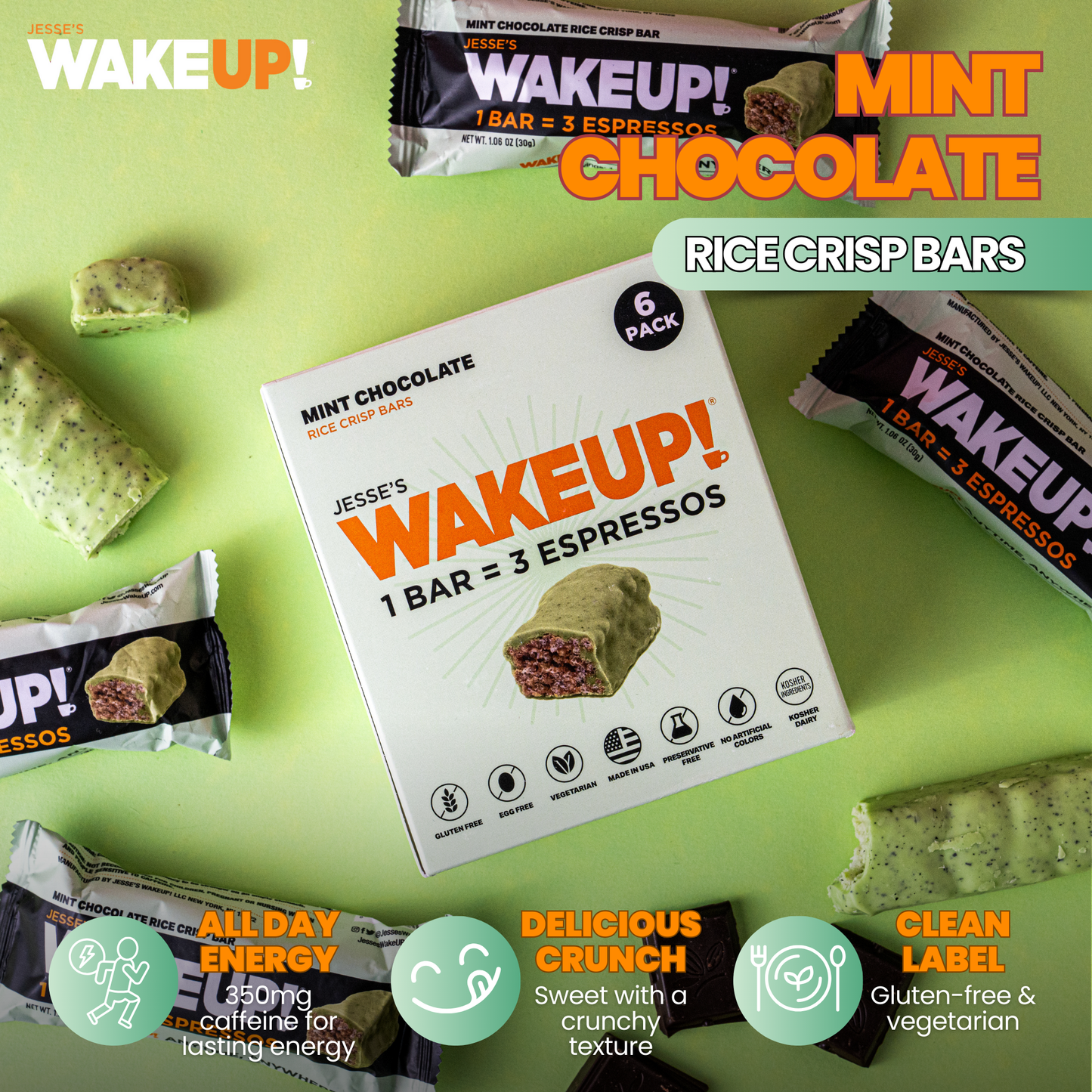 WakeUP! Caffeinated Mint Chocolate Protein Bars - 6 Pack
