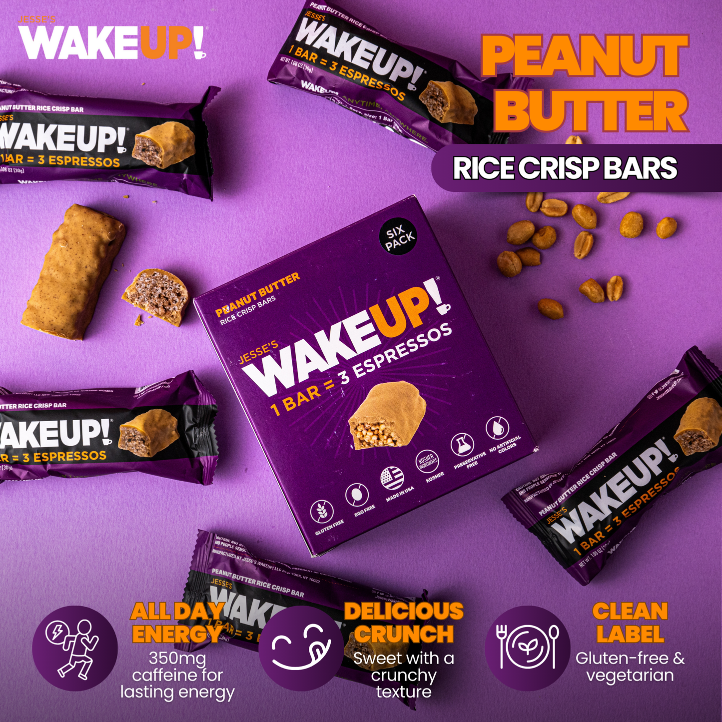 WakeUP! Caffeinated Peanut Butter Protein Bars - 6 Pack