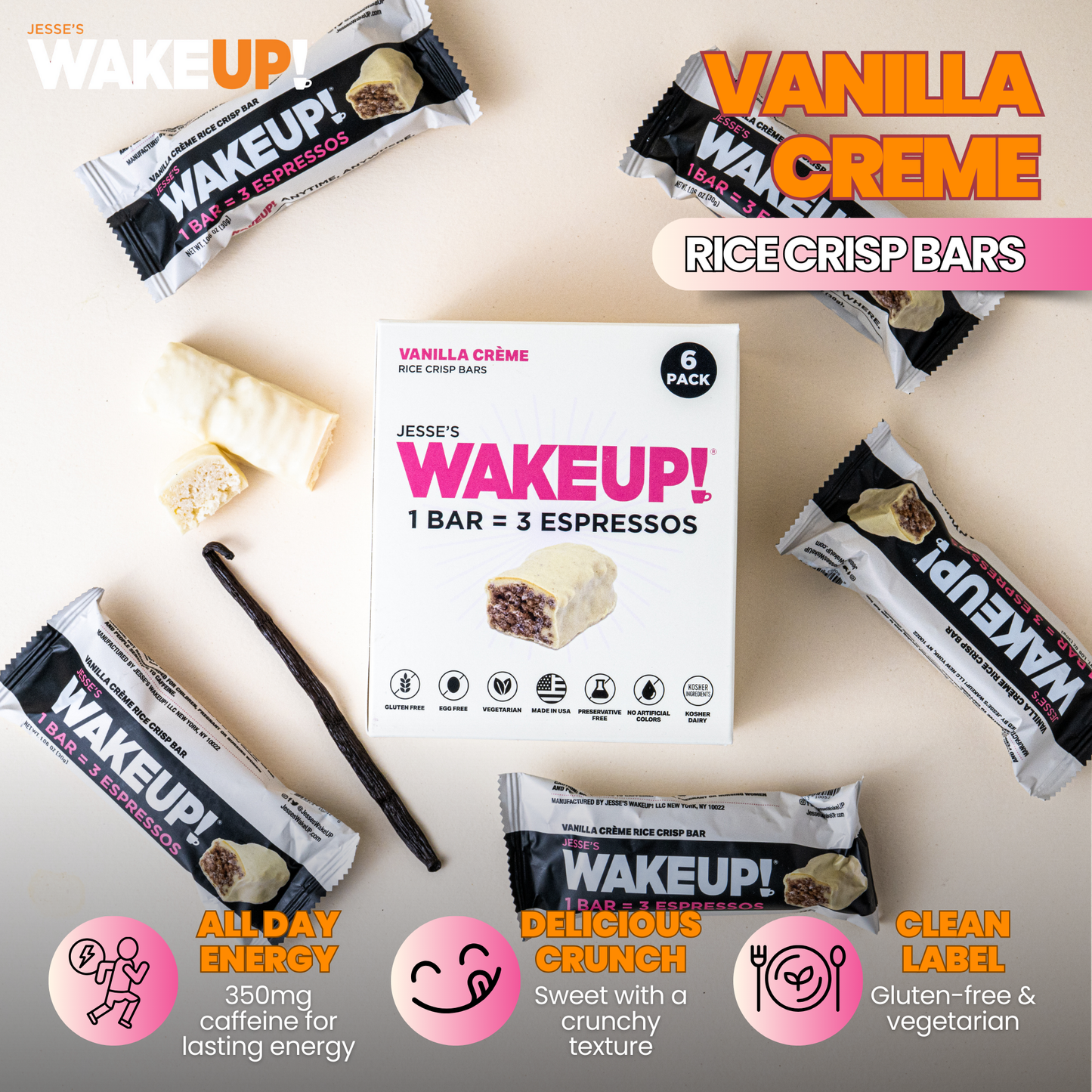 WakeUP! Caffeinated Vanilla Creme Protein Bars - 6 Pack