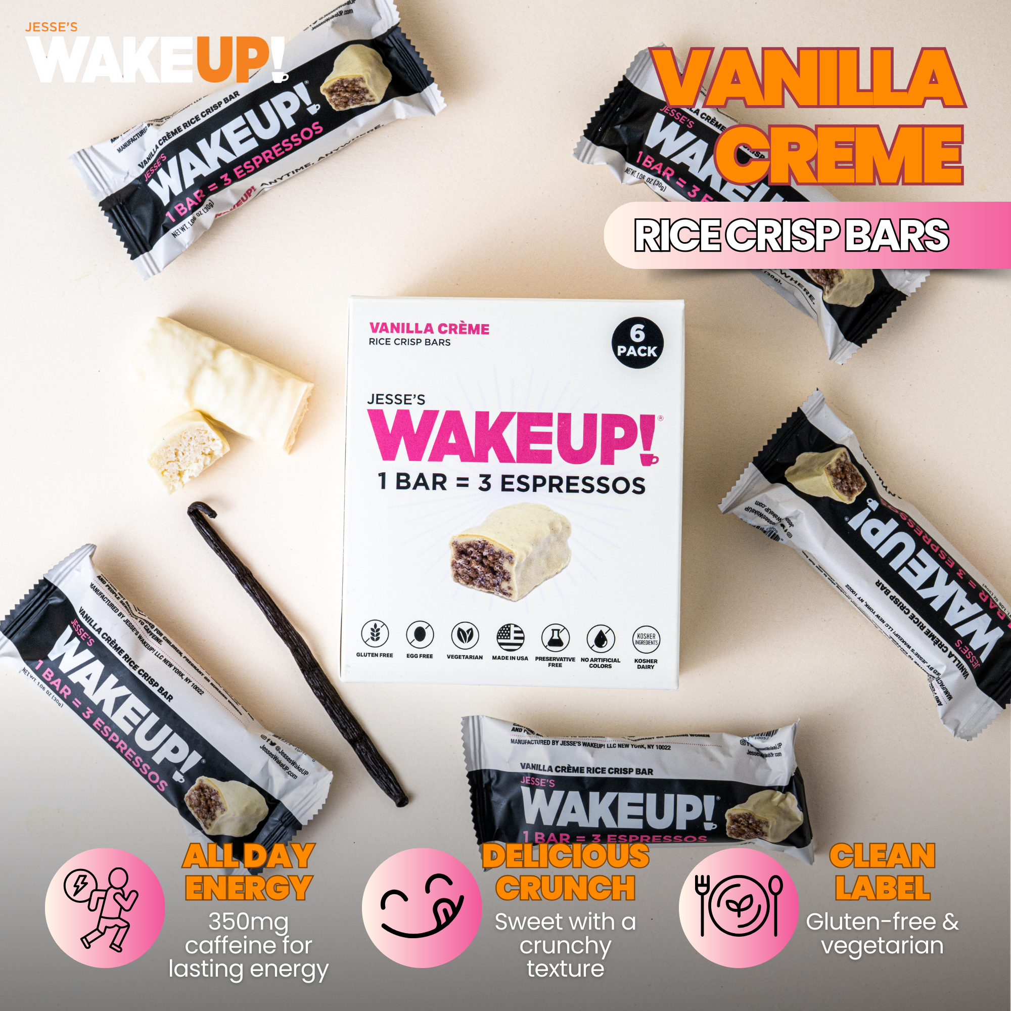 WakeUP! Caffeinated Vanilla Creme Protein Bars - 6 Pack