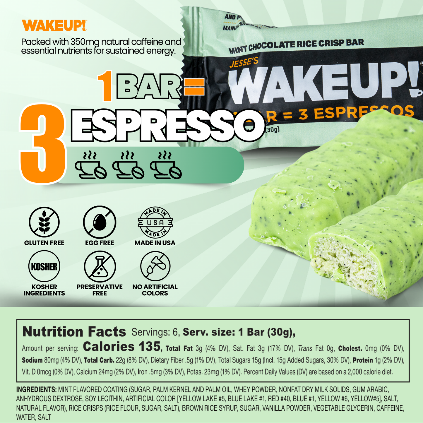 WakeUP! Caffeinated Mint Chocolate Protein Bars - 6 Pack