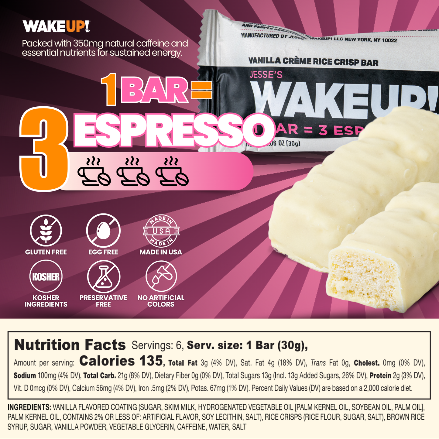 WakeUP! Caffeinated Vanilla Creme Protein Bars - 6 Pack