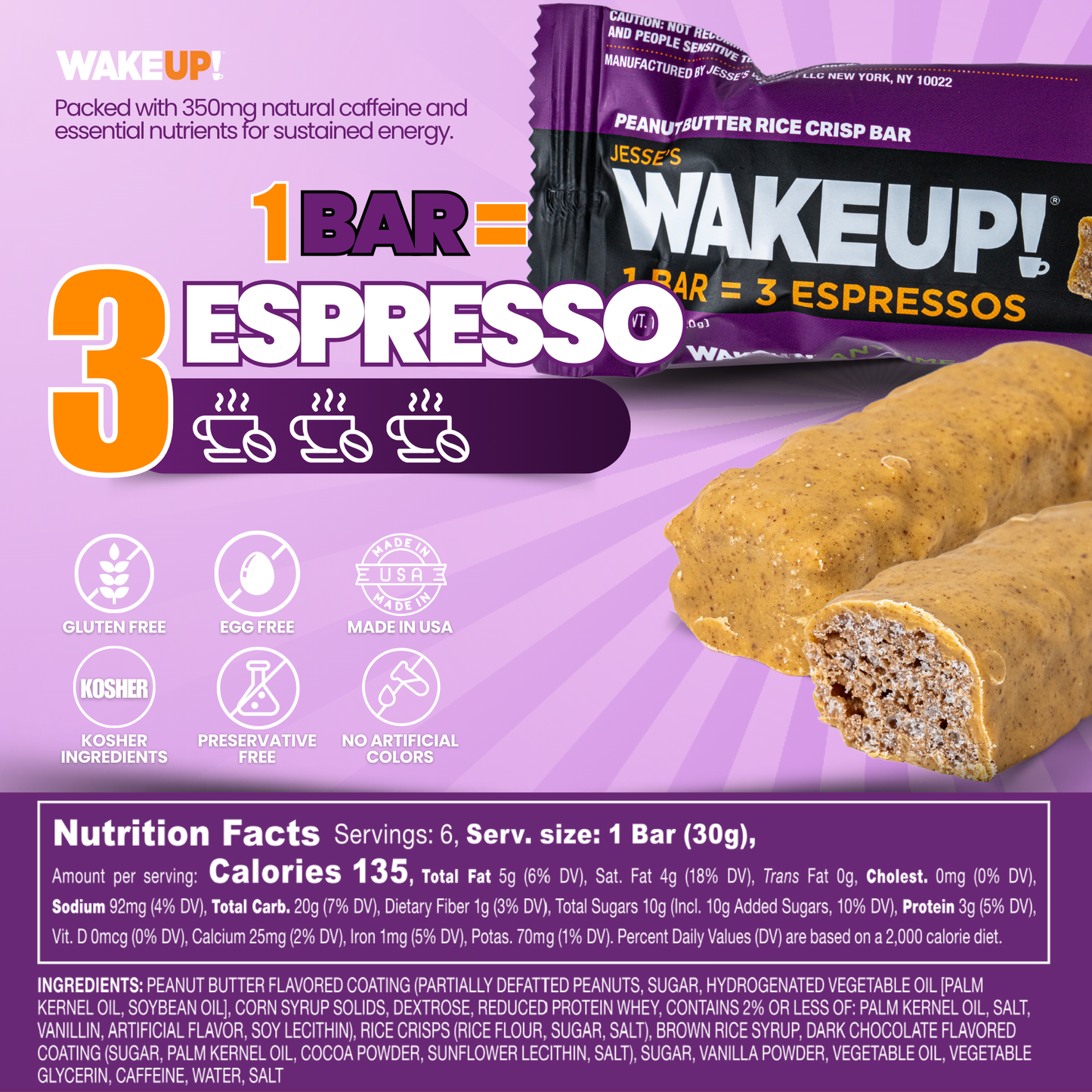 WakeUP! Caffeinated Peanut Butter Protein Bars - 6 Pack