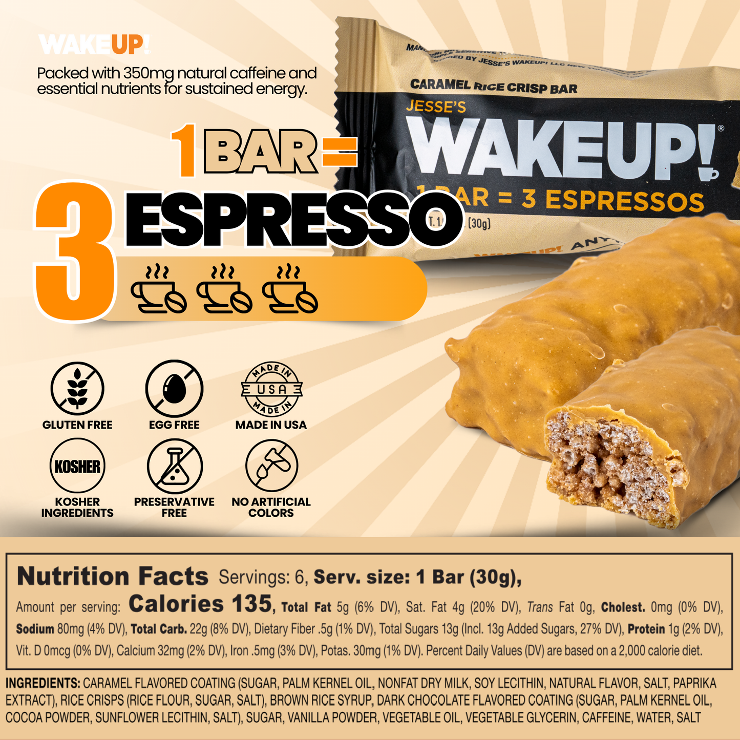 WakeUP! Caffeinated Caramel Protein Bars - 6 Pack