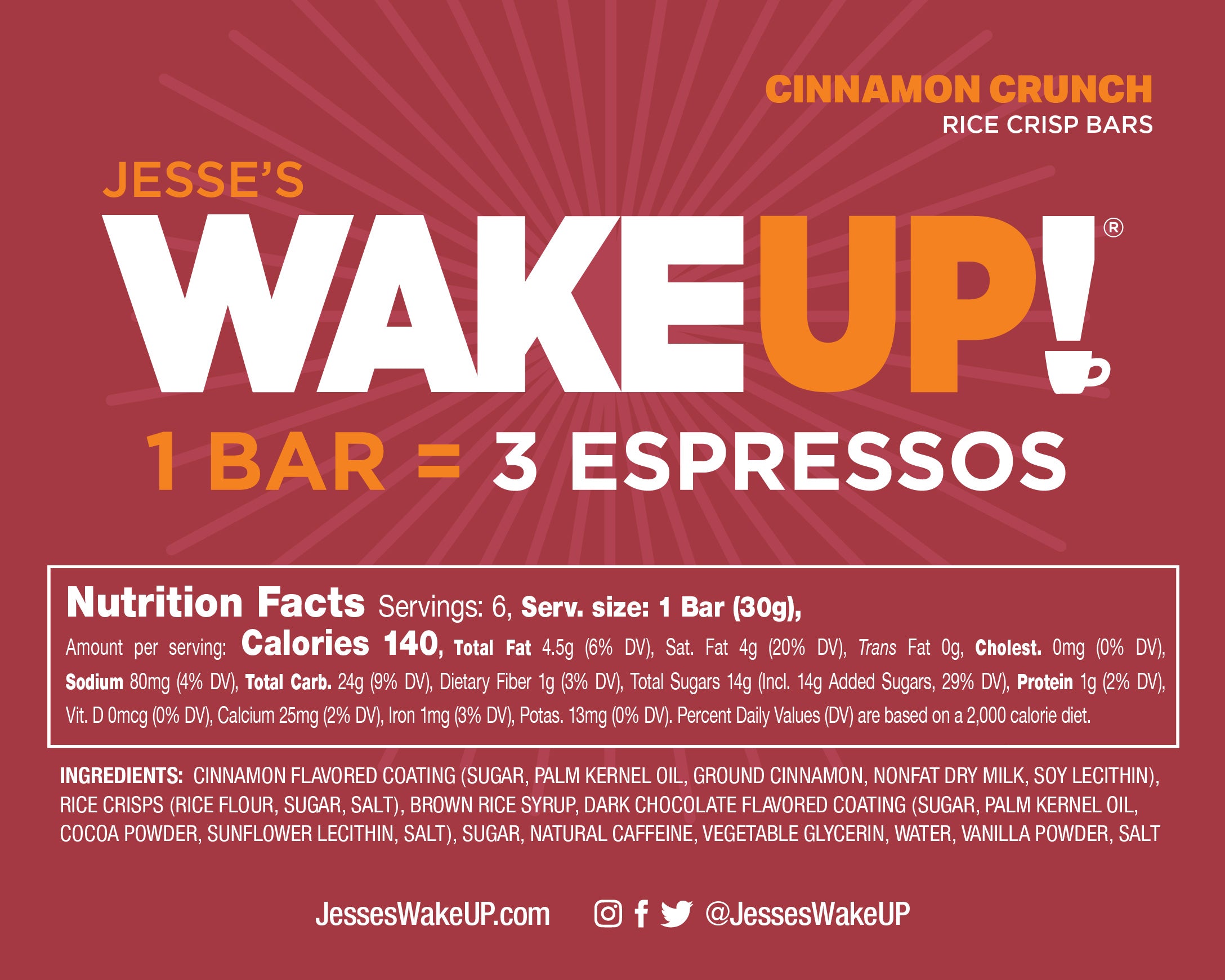 VARIETY PACK (36 Bars, 6 Cartons) WakeUP! Caffeinated Protein Bars, All 6 Flavor