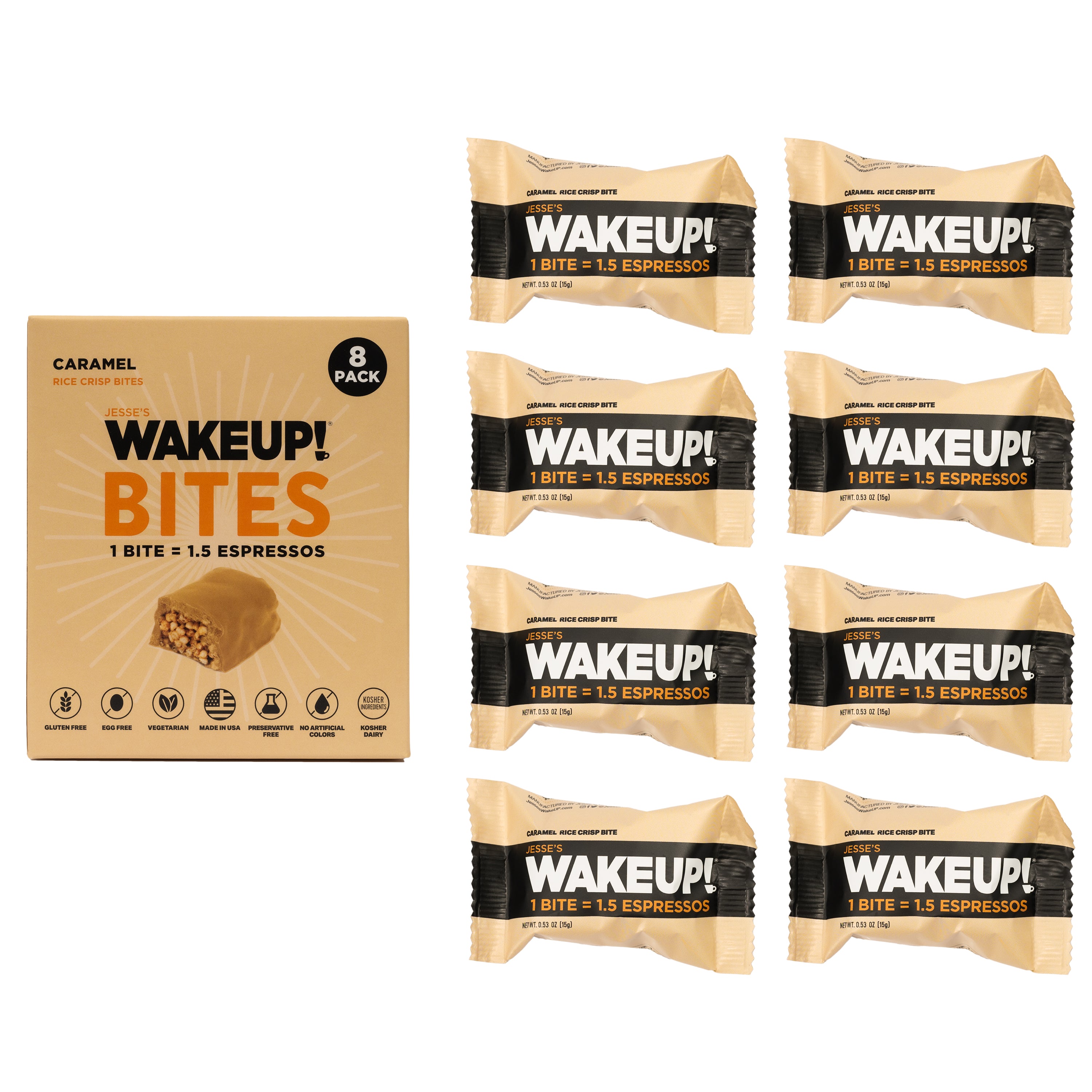 WakeUP! Caffeinated Protein Bites Value Pack – 6 Cartons (48 Bites) – 3 Caramel & 3 Peanut Butter
