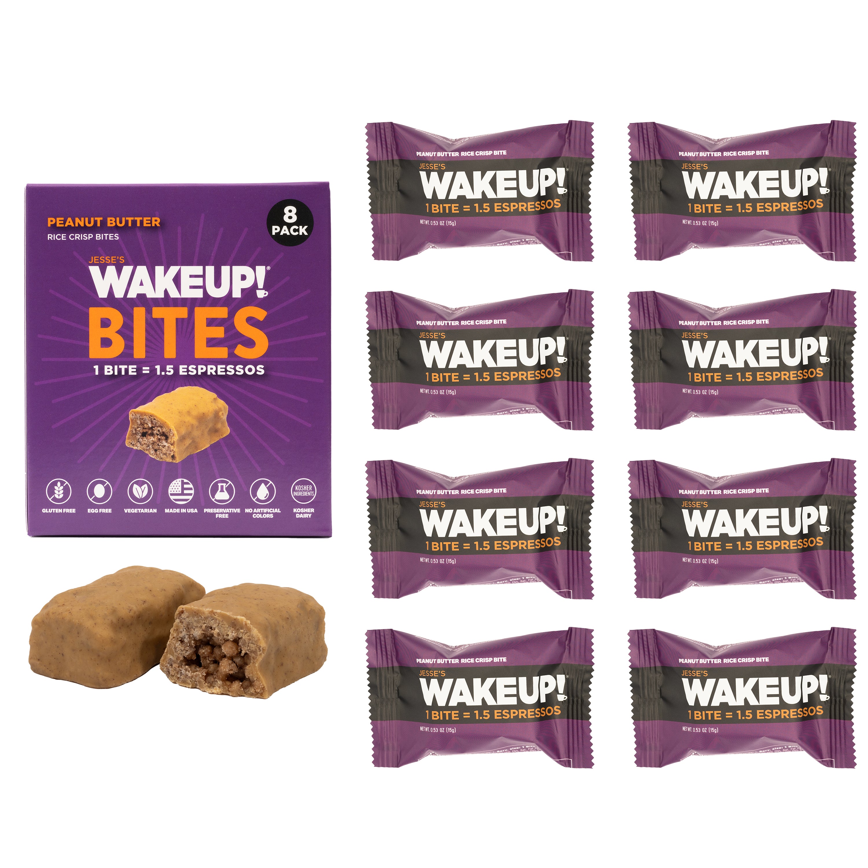 WakeUP! Caffeinated Protein Bites Value Pack – 6 Cartons (48 Bites) – 3 Caramel & 3 Peanut Butter