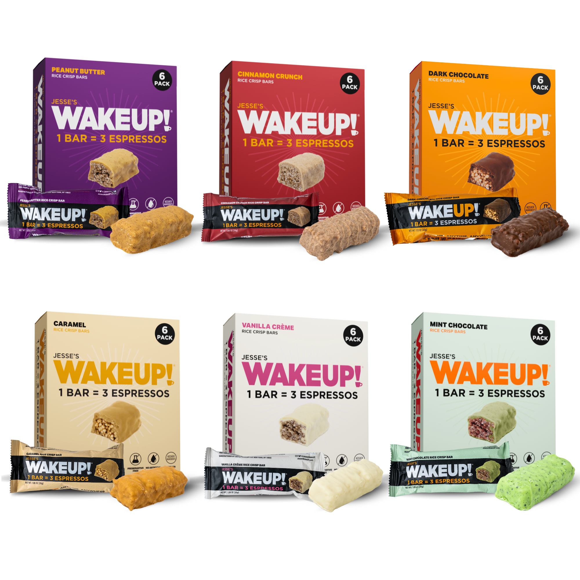 VARIETY PACK (36 Bars, 6 Cartons) WakeUP! Caffeinated Protein Bars, All 6 Flavor