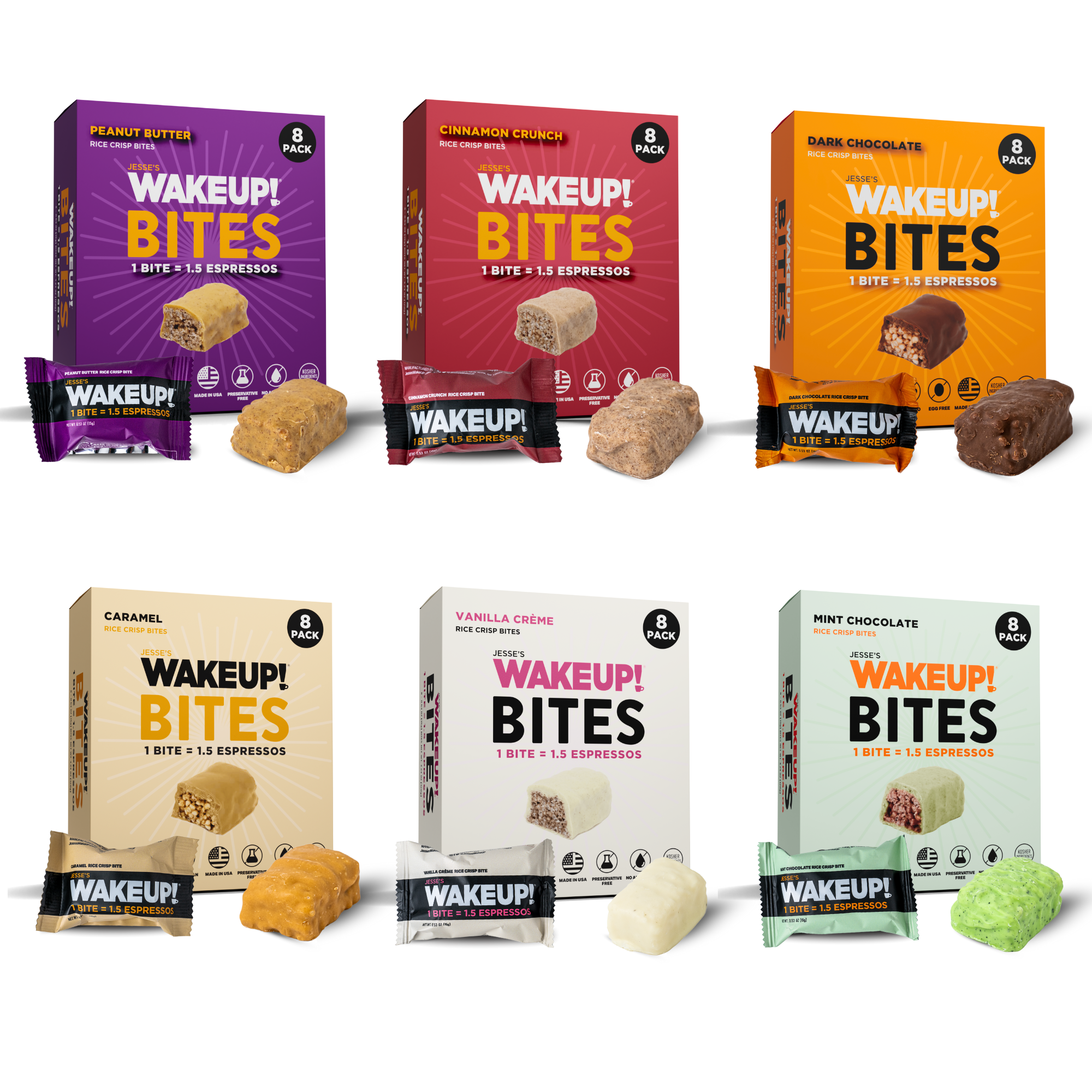 VARIETY PACK (48 Bites, 6 Cartons) WakeUP! Caffeinated Protein Bites, All 6 Flavor