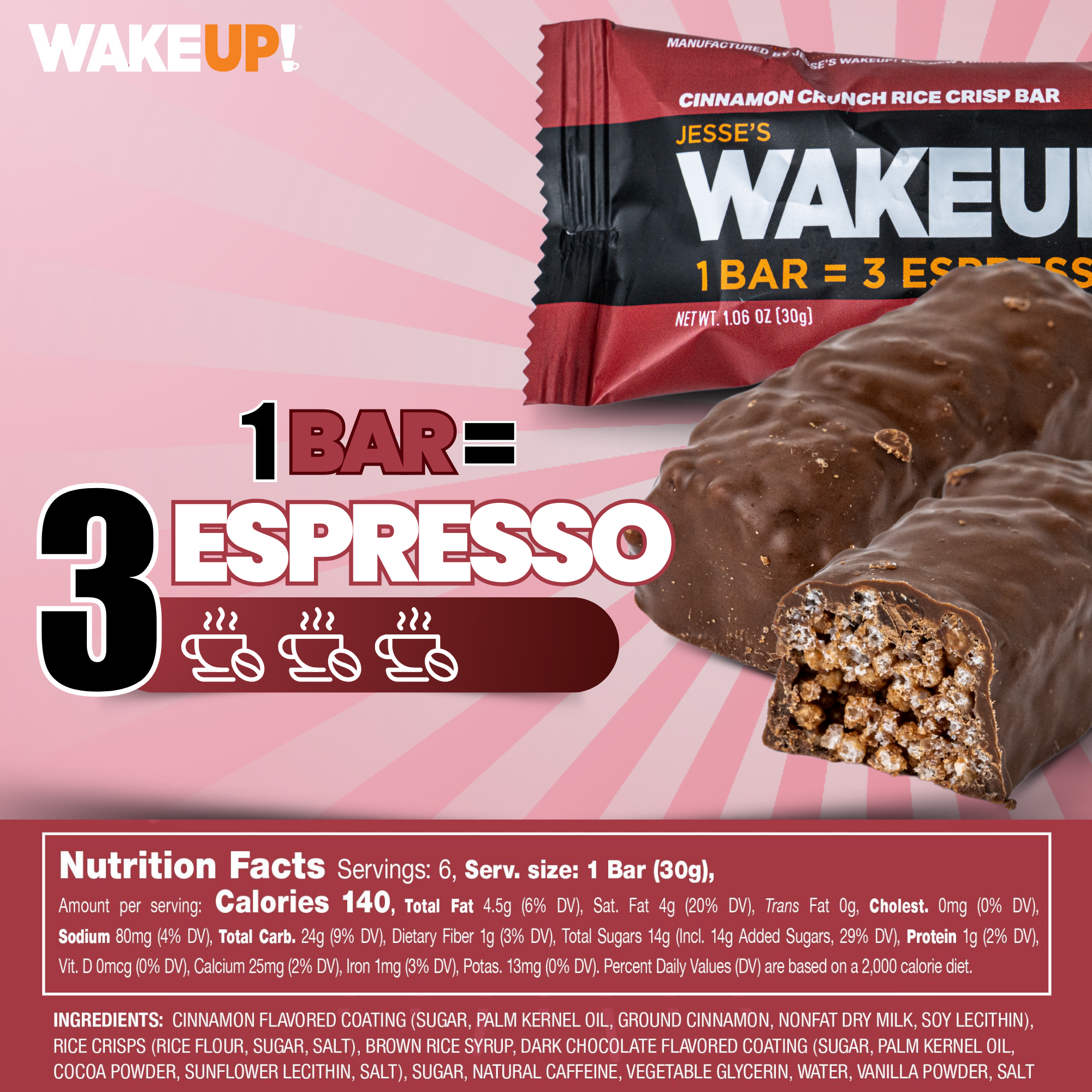 WakeUP! Caffeinated Cinnamon Crunch Protein Bars - 6 Pack