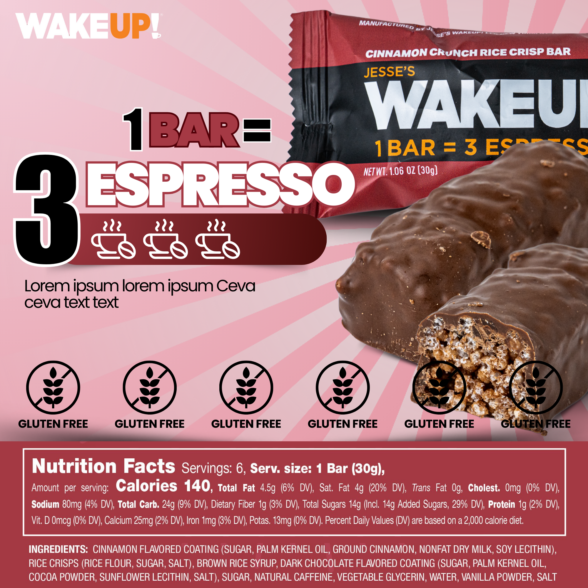 WakeUP! Caffeinated Cinnamon Crunch Protein Bars - 6 Pack