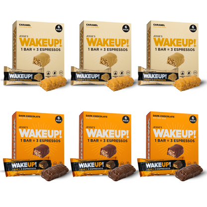 WakeUP! Caffeinated Protein Bars Value Pack – 6 Cartons (36 Bars) – 3 Caramel & 3 Dark Chocolate