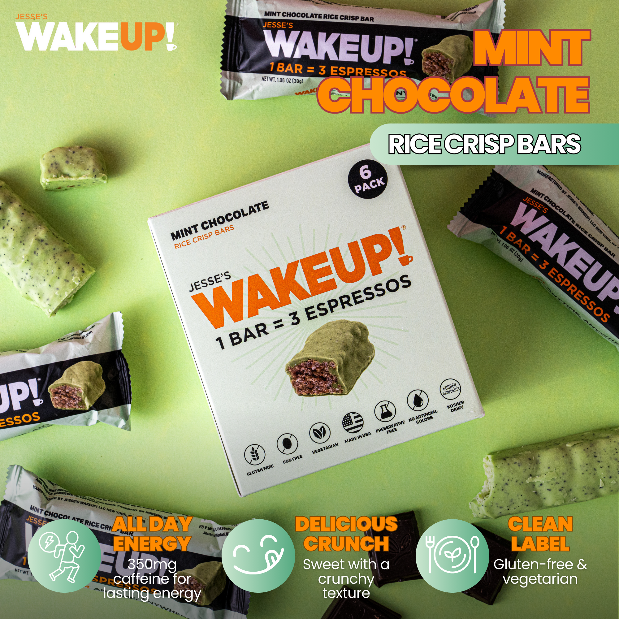 WakeUP! Caffeinated Mint Chocolate Protein Bars - 6 Pack