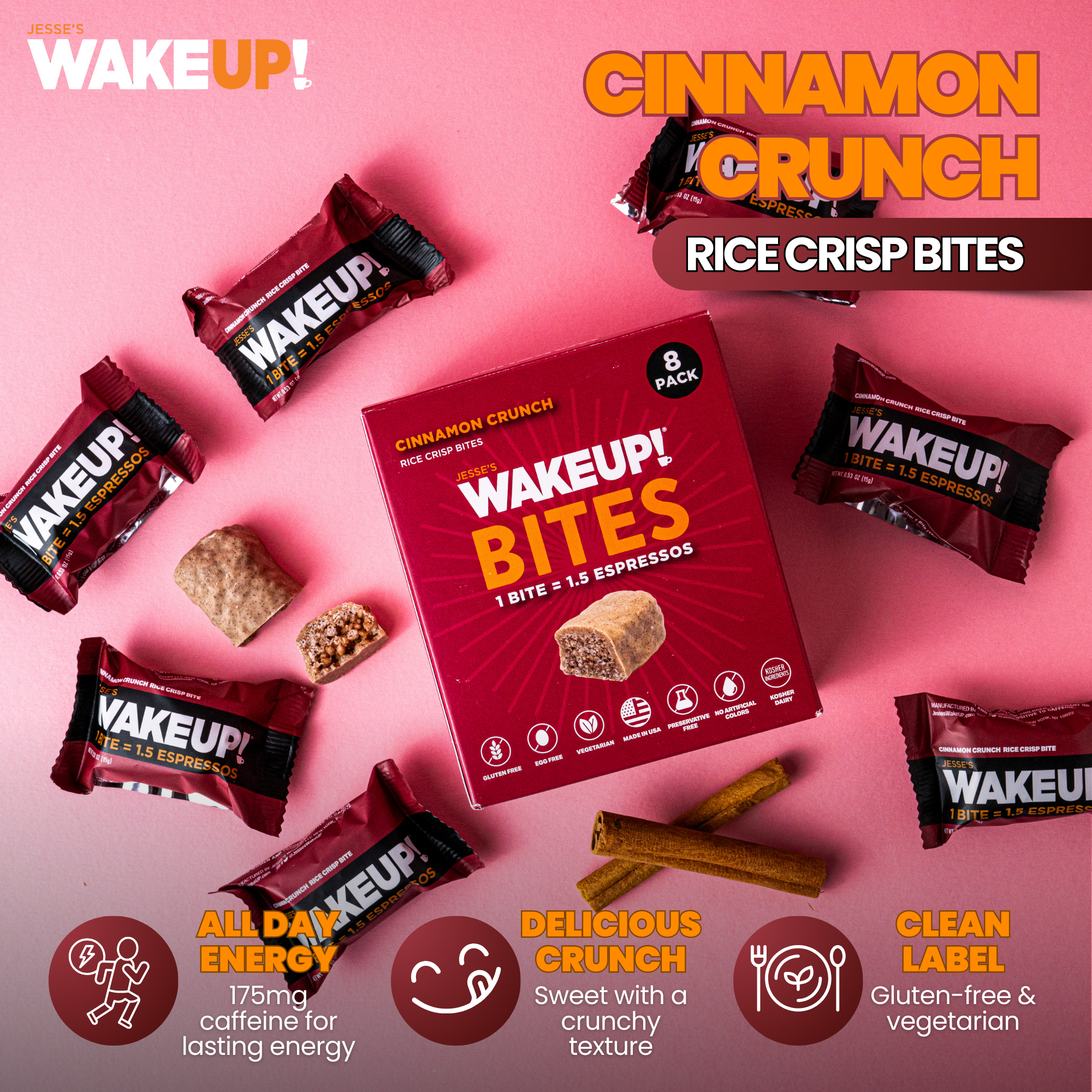 WakeUP! Caffeinated Cinnamon Crunch Protein Bites - 8 Pack