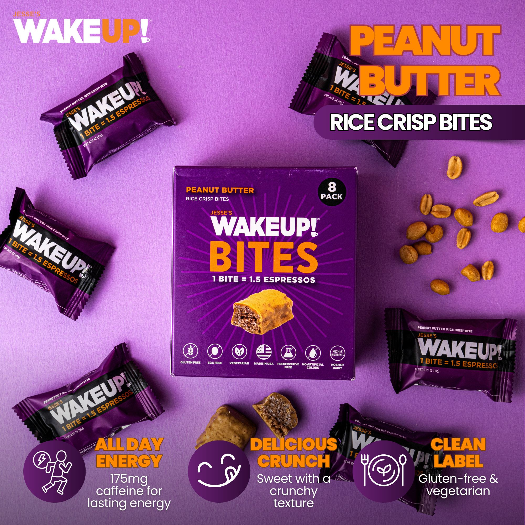 WakeUP! Caffeinated Peanut Butter Protein Bites - 8 Pack