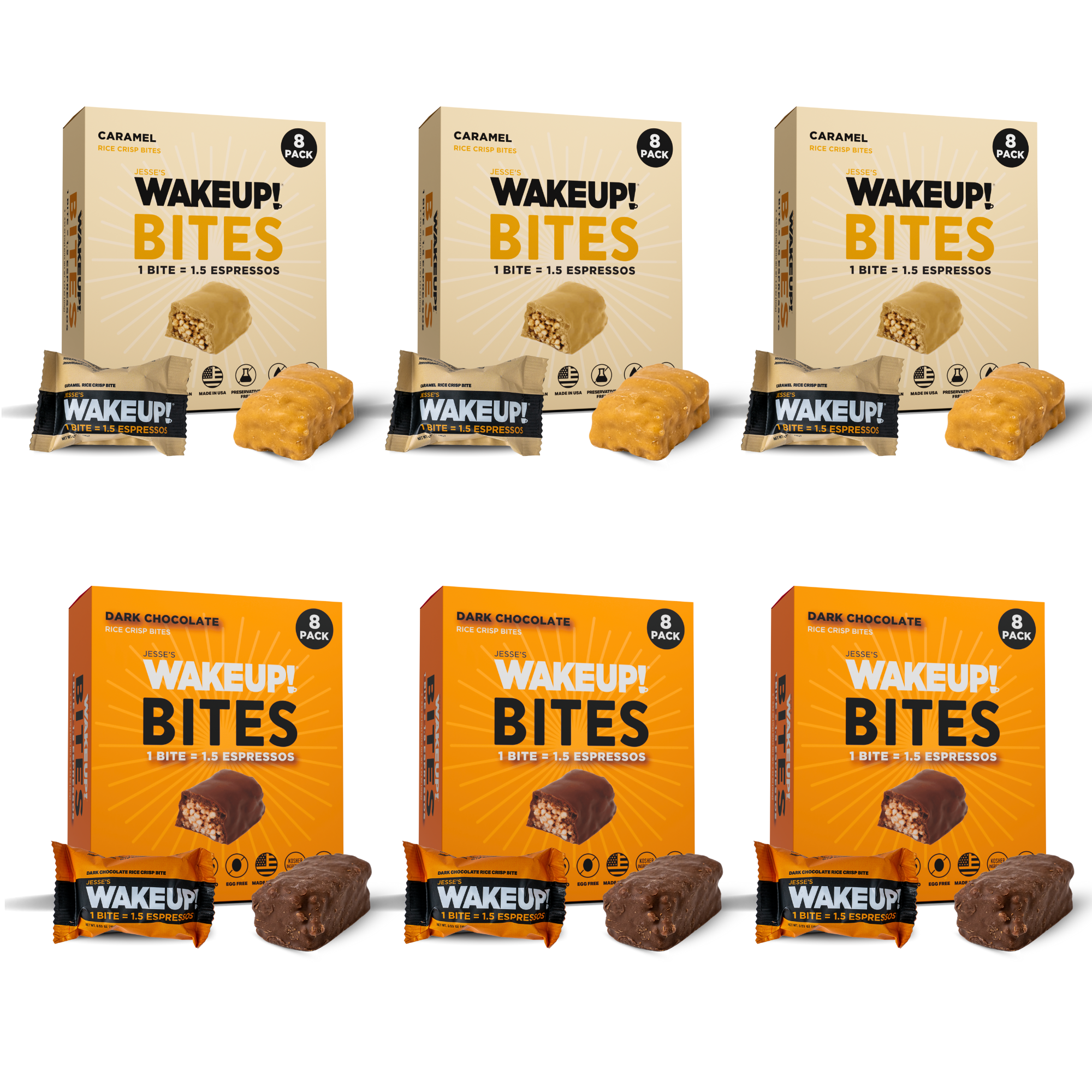 WakeUP! Caffeinated Protein Bites Value Pack – 6 Cartons (48 Bites) – 3 Caramel & 3 Dark Chocolate