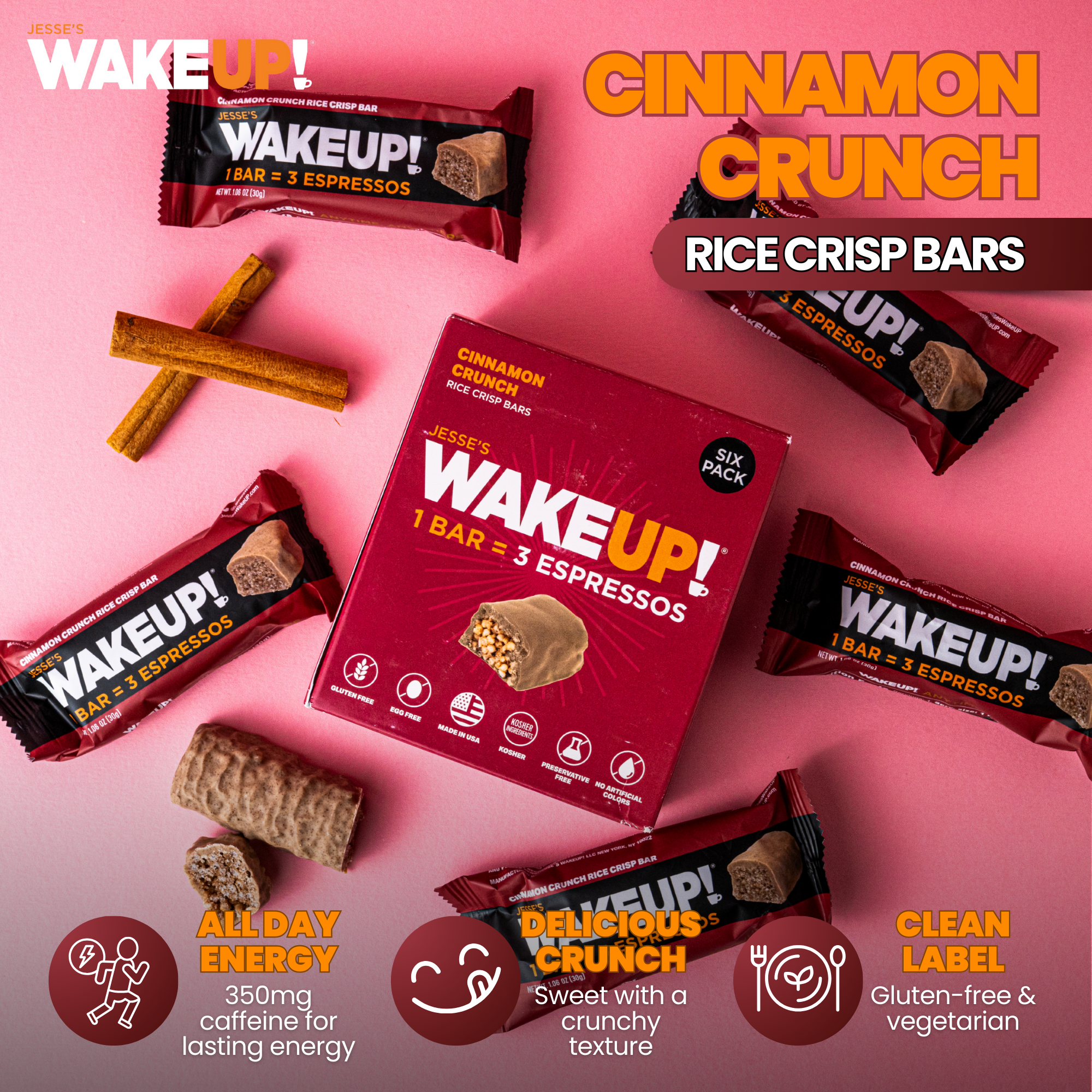 WakeUP! Caffeinated Cinnamon Crunch Protein Bars - 6 Pack