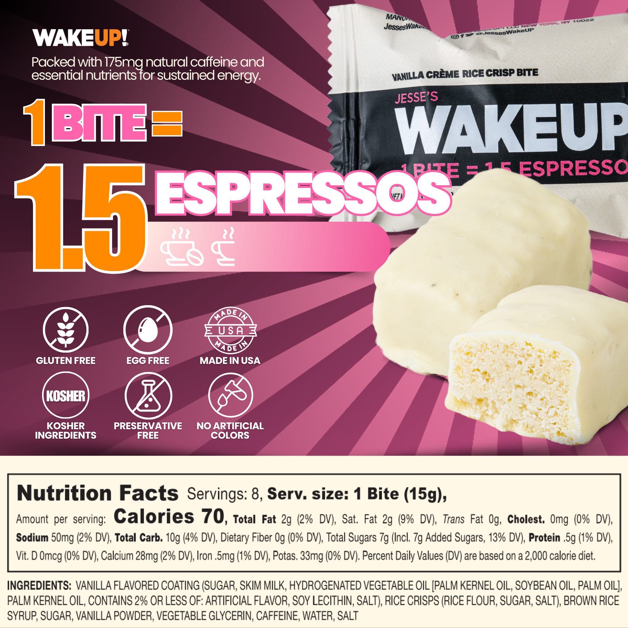 WakeUP! Caffeinated Vanilla Creme Protein Bites - 8 Pack