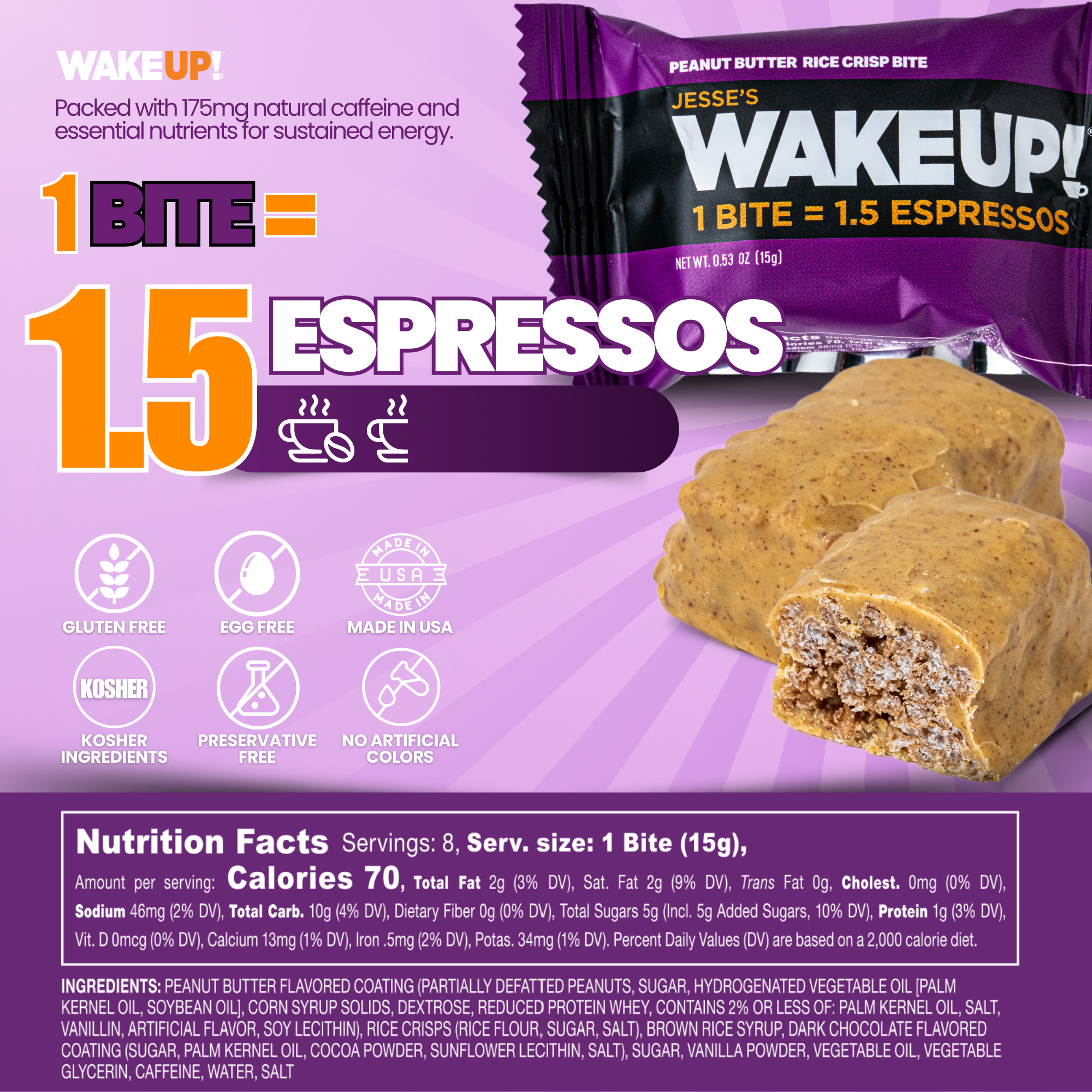 WakeUP! Caffeinated Peanut Butter Protein Bites - 8 Pack