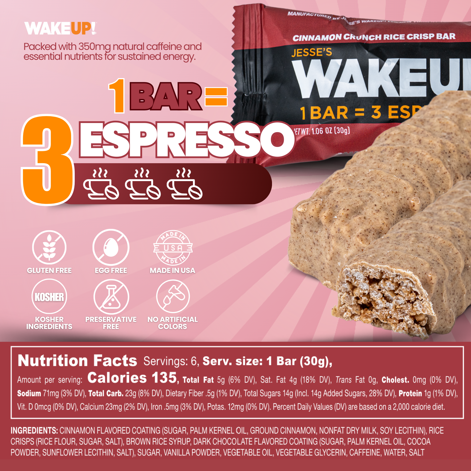 WakeUP! Caffeinated Cinnamon Crunch Protein Bars - 6 Pack