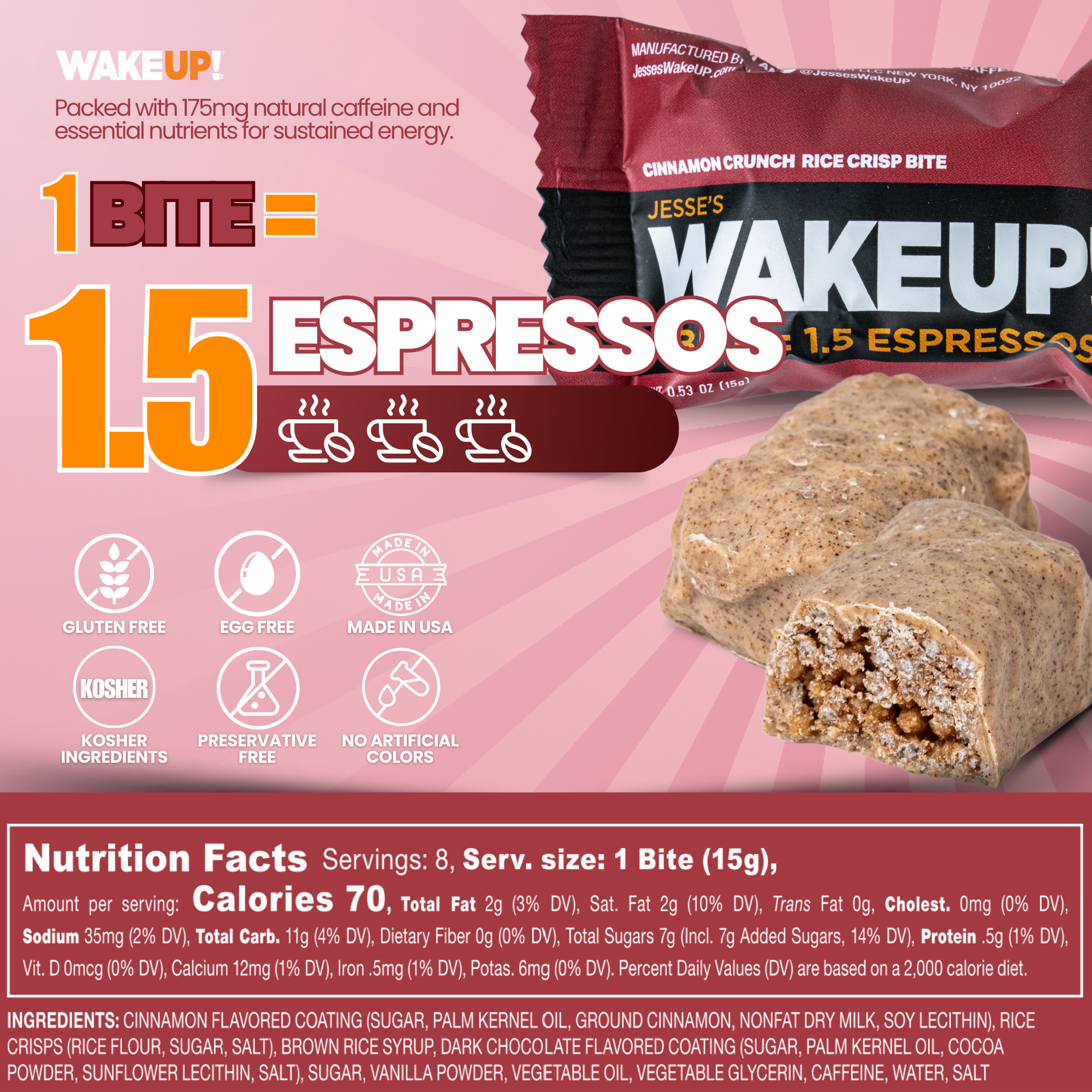 WakeUP! Caffeinated Cinnamon Crunch Protein Bites - 8 Pack