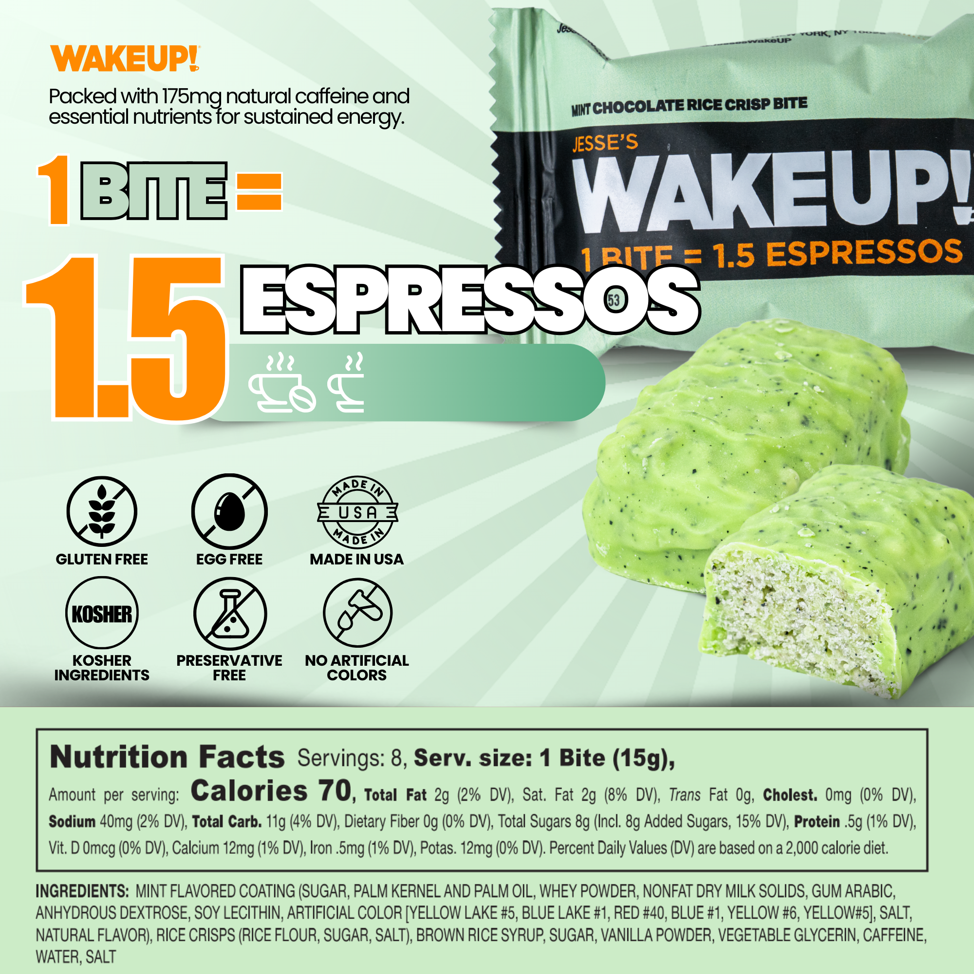 WakeUP! Caffeinated Mint Chocolate Protein Bites - 8 Pack