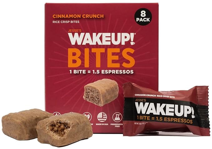 WAKE UP! Caffeinated Cinnamon Crunch Protein Bites - Gluten Free, Vegetarian, 175mg Caffeine (1 Bite = 1.5 Espressos) - Boosts Focus and Clarity - Kosher Ingredients - 8 Pack