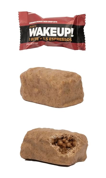 WAKE UP! Caffeinated Cinnamon Crunch Protein Bites - Gluten Free, Vegetarian, 175mg Caffeine (1 Bite = 1.5 Espressos) - Boosts Focus and Clarity - Kosher Ingredients - 8 Pack