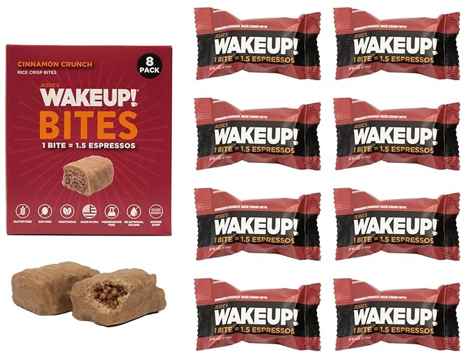 WAKE UP! Caffeinated Cinnamon Crunch Protein Bites - Gluten Free, Vegetarian, 175mg Caffeine (1 Bite = 1.5 Espressos) - Boosts Focus and Clarity - Kosher Ingredients - 8 Pack