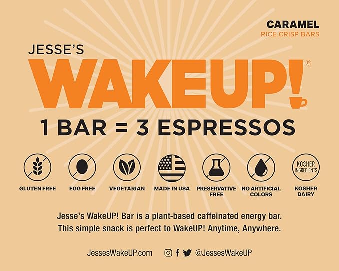 WAKE UP! Caffeinated Caramel Protein Bars - Gluten Free, Vegetarian, 350mg Caffeine (1 Bar = 3 Espressos) - Boosts Focus and Clarity - Kosher Ingredients - 6 Pack