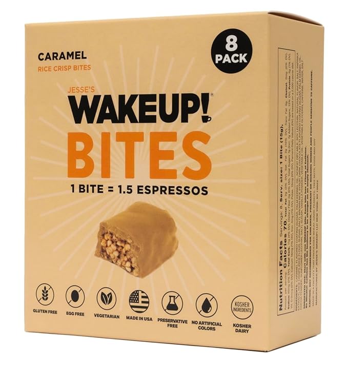 WAKE UP! Caffeinated Caramel Protein Bites - Gluten Free, Vegetarian, 175mg Caffeine (1 Bite = 1.5 Espressos) - Boosts Focus and Clarity - Kosher Ingredients - 8 Pack