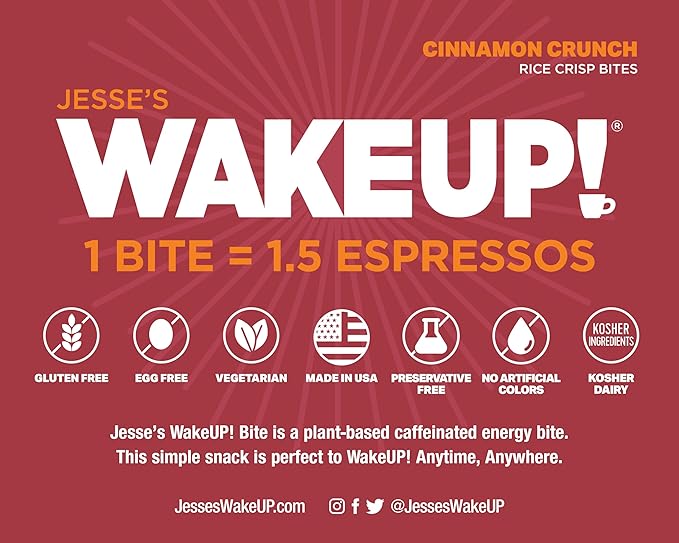 WAKE UP! Caffeinated Cinnamon Crunch Protein Bites - Gluten Free, Vegetarian, 175mg Caffeine (1 Bite = 1.5 Espressos) - Boosts Focus and Clarity - Kosher Ingredients - 8 Pack