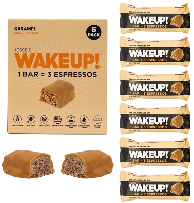 WAKE UP! Caffeinated Caramel Protein Bars - Gluten Free, Vegetarian, 350mg Caffeine (1 Bar = 3 Espressos) - Boosts Focus and Clarity - Kosher Ingredients - 6 Pack