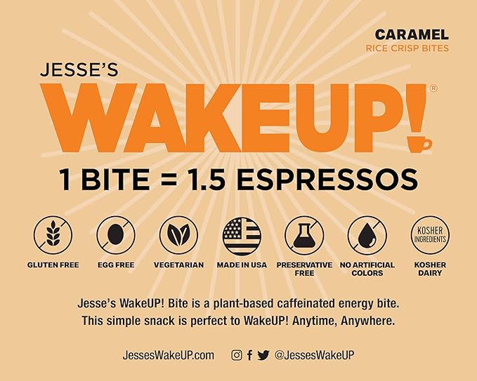 WAKE UP! Caffeinated Caramel Protein Bites - Gluten Free, Vegetarian, 175mg Caffeine (1 Bite = 1.5 Espressos) - Boosts Focus and Clarity - Kosher Ingredients - 8 Pack