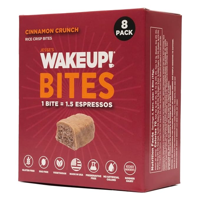 WAKE UP! Caffeinated Cinnamon Crunch Protein Bites - Gluten Free, Vegetarian, 175mg Caffeine (1 Bite = 1.5 Espressos) - Boosts Focus and Clarity - Kosher Ingredients - 8 Pack