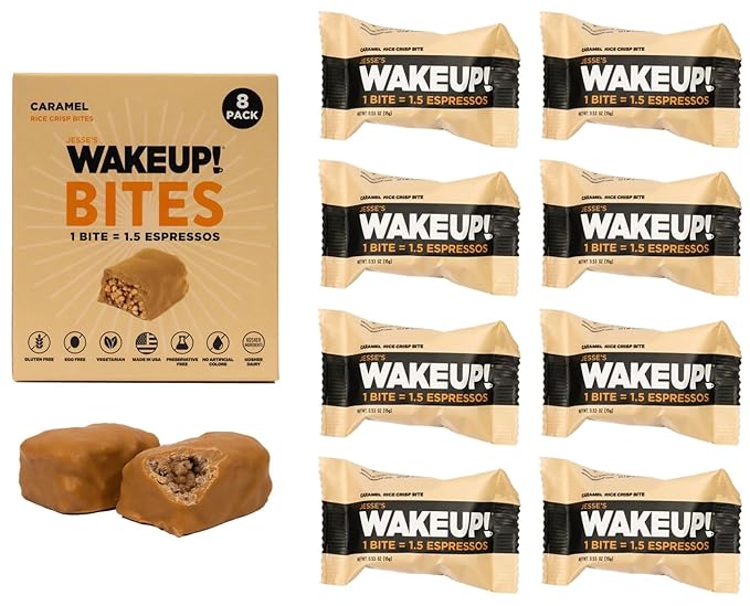 WAKE UP! Caffeinated Caramel Protein Bites - Gluten Free, Vegetarian, 175mg Caffeine (1 Bite = 1.5 Espressos) - Boosts Focus and Clarity - Kosher Ingredients - 8 Pack