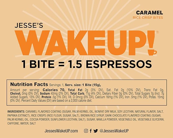 WAKE UP! Caffeinated Caramel Protein Bites - Gluten Free, Vegetarian, 175mg Caffeine (1 Bite = 1.5 Espressos) - Boosts Focus and Clarity - Kosher Ingredients - 8 Pack