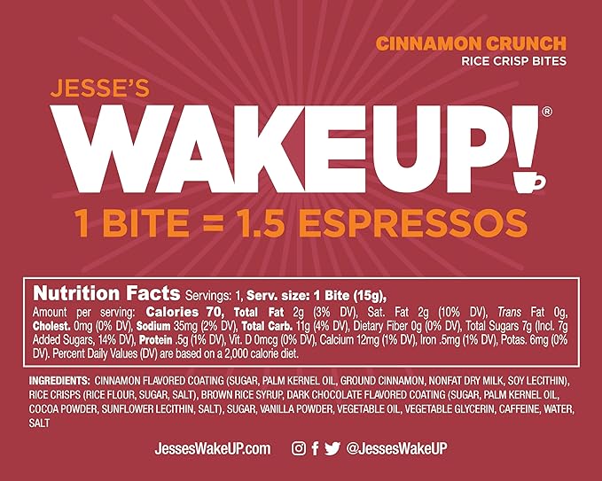 WAKE UP! Caffeinated Cinnamon Crunch Protein Bites - Gluten Free, Vegetarian, 175mg Caffeine (1 Bite = 1.5 Espressos) - Boosts Focus and Clarity - Kosher Ingredients - 8 Pack