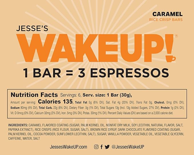 WAKE UP! Caffeinated Caramel Protein Bars - Gluten Free, Vegetarian, 350mg Caffeine (1 Bar = 3 Espressos) - Boosts Focus and Clarity - Kosher Ingredients - 6 Pack