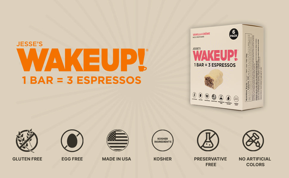 WAKE UP! Caffeinated Vanilla Creme Protein Bars - Gluten Free, Vegetarian, 350mg Caffeine (1 Bar = 3 Espressos) - Boosts Focus and Clarity - Kosher Ingredients - 6 Pack