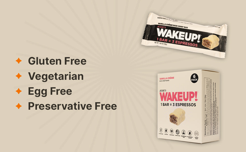 WAKE UP! Caffeinated Vanilla Creme Protein Bars - Gluten Free, Vegetarian, 350mg Caffeine (1 Bar = 3 Espressos) - Boosts Focus and Clarity - Kosher Ingredients - 6 Pack