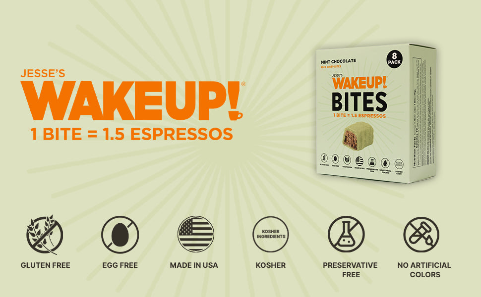 WAKE UP! Caffeinated Mint Chocolate Protein Bites - Gluten Free, Vegetarian, 175mg Caffeine (1 Bite = 1.5 Espressos) - Boosts Focus and Clarity - Kosher Ingredients - 8 Pack