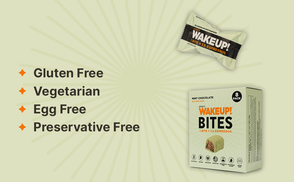 WAKE UP! Caffeinated Mint Chocolate Protein Bites - Gluten Free, Vegetarian, 175mg Caffeine (1 Bite = 1.5 Espressos) - Boosts Focus and Clarity - Kosher Ingredients - 8 Pack