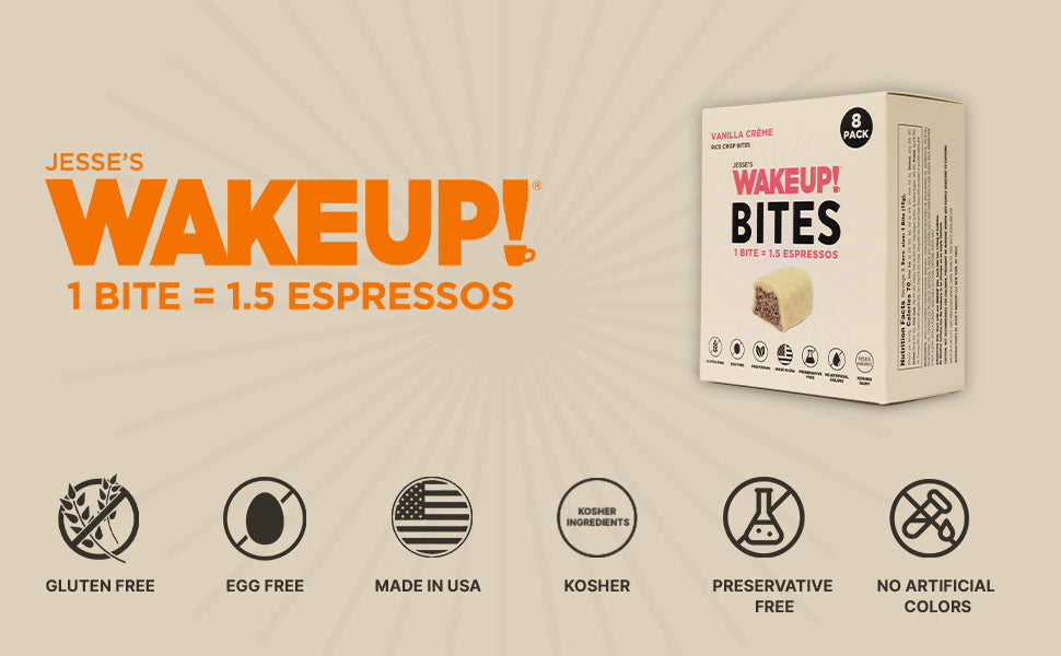 WAKE UP! Caffeinated Vanilla Creme Protein Bites - Gluten Free, Vegetarian, 175mg Caffeine (1 Bite = 1.5 Espressos) - Boosts Focus and Clarity - Kosher Ingredients - 8 Pack