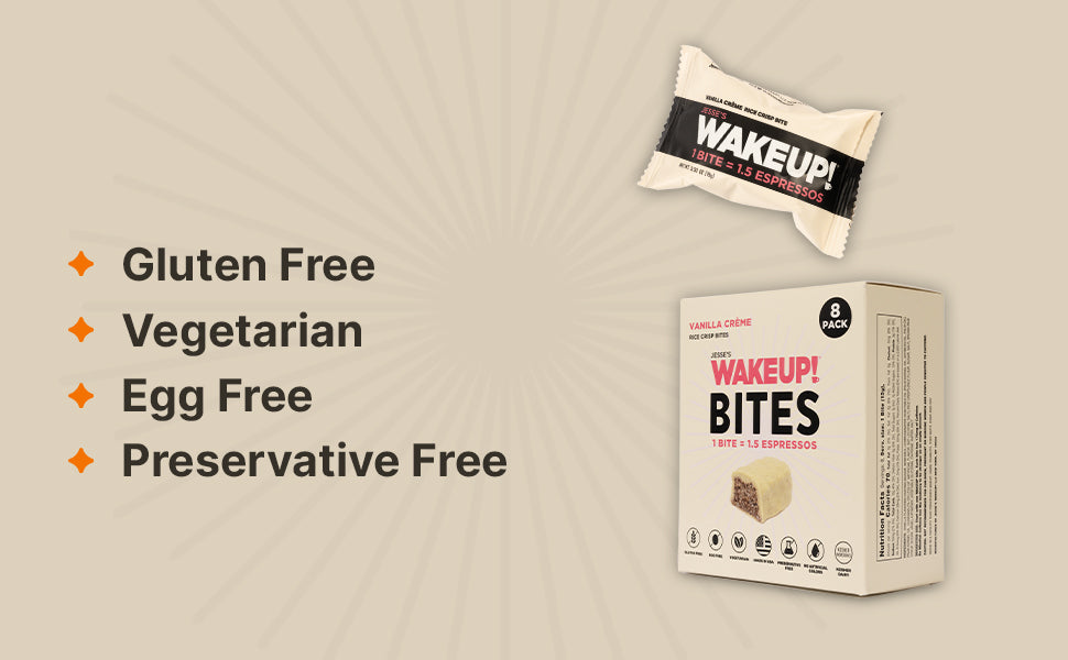 WAKE UP! Caffeinated Vanilla Creme Protein Bites - Gluten Free, Vegetarian, 175mg Caffeine (1 Bite = 1.5 Espressos) - Boosts Focus and Clarity - Kosher Ingredients - 8 Pack