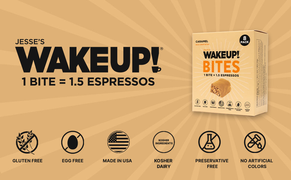 WAKE UP! Caffeinated Protein Bites Value Pack – 6 Cartons (48 Bites) – 3 Caramel & 3 Peanut Butter – 175mg Caffeine (1 Bite = 1.5 Espressos) – Gluten-Free, Vegetarian, Kosher – Boosts Focus & Clarity