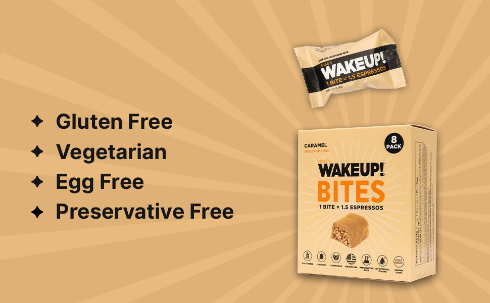 WAKE UP! Caffeinated Protein Bites Value Pack – 6 Cartons (48 Bites) – 3 Caramel & 3 Peanut Butter – 175mg Caffeine (1 Bite = 1.5 Espressos) – Gluten-Free, Vegetarian, Kosher – Boosts Focus & Clarity