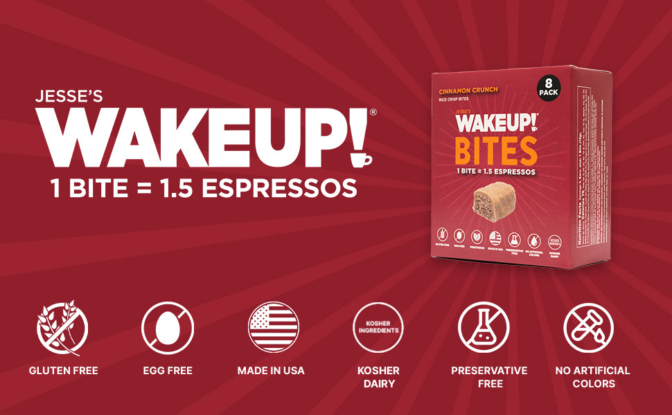 WAKE UP! Caffeinated Cinnamon Crunch Protein Bites - Gluten Free, Vegetarian, 175mg Caffeine (1 Bite = 1.5 Espressos) - Boosts Focus and Clarity - Kosher Ingredients - 8 Pack